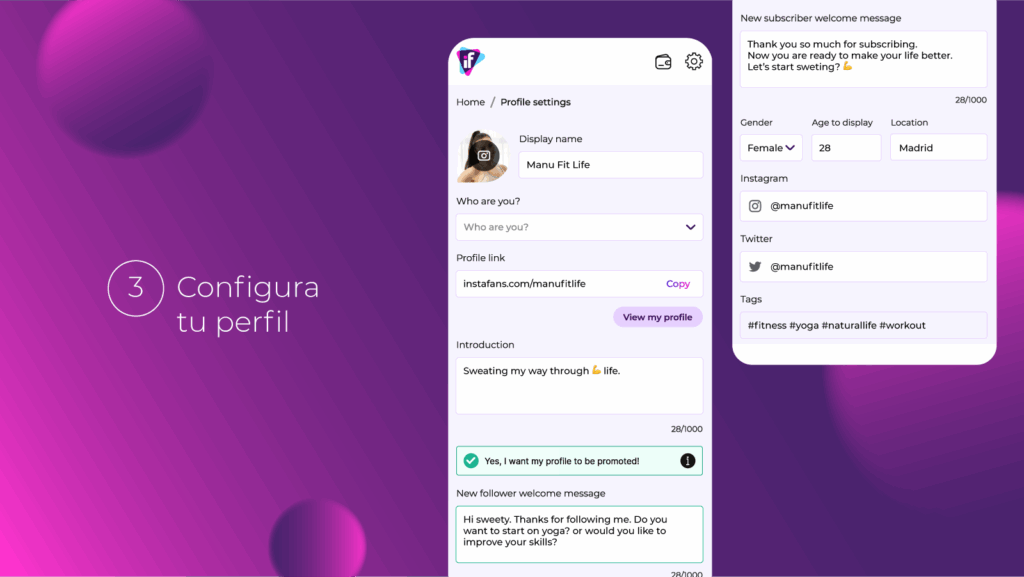 configuración de perfil Instafans